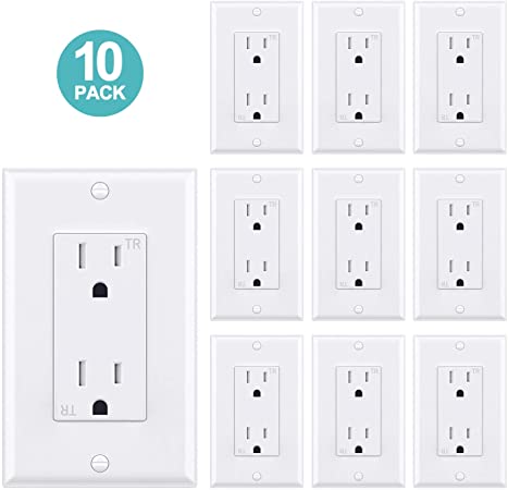 WEBANG Decorator Electrical Wall Outlet White, Tamper-Resistant Duplex Receptacle, Residential Grade, 3-Wire, Self-Grounding, 2-Pole, 15A 125V, UL Listed, 10 Pack Wall Plates Included
