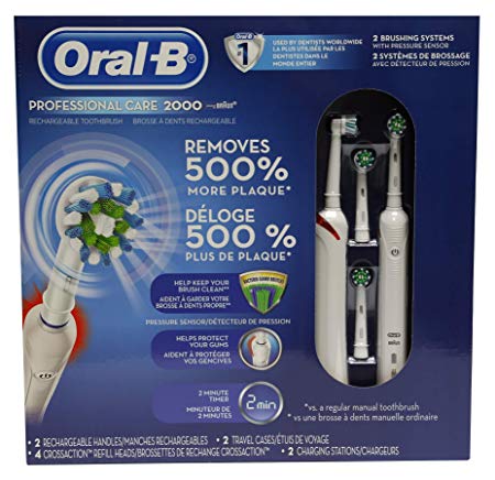 Oral-B Professional Care 2000 Electric Rechargeable Toothbrush, 2-pack bundle (2 Rechargeable Handles, 4 CrossAction Refill Heads, 2 Travel Cases, 2 Charging Stations)