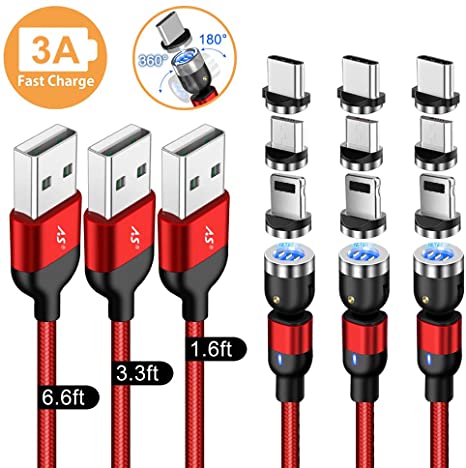 A.S Gen2 Magnetic Charging Cable, 540° Rotation Magnetic Phone USB Cable, 3A Fast Charging Data Transfer Charger Cable Compatible with USB C, Micro USB and iProduct (Red, 1.6ft 3.3ft 6.6ft)