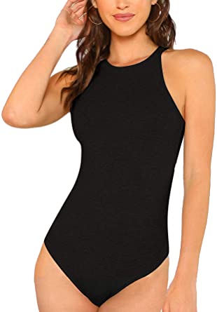 Milumia Women Skinny Halter Bodysuit Mid Waist Solid Fitted Tank Shapewear Romper Top