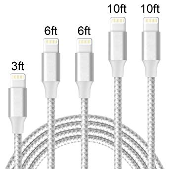 Hootech Phone Charger 5Pack 3FT 2x6FT 2×10FT Nylon Braided Charger Cable USB Cord Charging Charger Compatible iPhone Xs MAX, XR, X 8, 7, 7 Plus, 6, 6s, 6 , 5, 5c, 5s, SE, iPad, iPod Nano-Silvergray