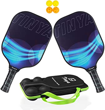 Tinya Graphite Pickleball Paddle Set: 8.1 oz Black Pop Carbon Fiber Cool Graphic 3K Composite Large Lightweight Top Long Grip Professional Power Outdoor Rackets for Mens Women Kids Ladies Younth