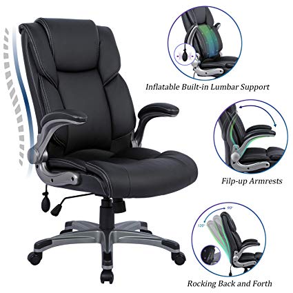 Statesville High Back Office Chair - Ergonomic Computer Desk Executive Task Swivel Chair - Adjustable Built in Lumbar Support, Tilt Angle and Flip-Up Arms for Workers & Students, Black