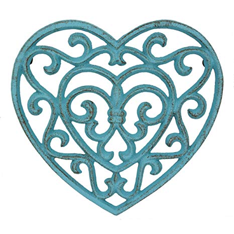 Stonebriar Country Rustic Denim Blue Heart Shaped Cast Iron Trivet with Rubber Feet, Heat Resistant Pot Holder for Hot Dishes, Decorative Kitchen Accessory for Table Top or Wall Hanging
