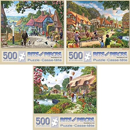 Bits and Pieces - Value Set of Three (3) 500 Piece Jigsaw Puzzles for Adults - Each Puzzle Measures - 500 pc Rural Life, Country Bus, Pond Cottage Jigsaws by Artist Steve Crisp
