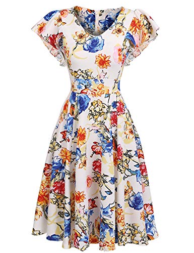 Beyove Flare Dresses，Womens A Line Swing Vintage Midi Dress Ruffle Sleeve V-Neck Floral Tea Dress