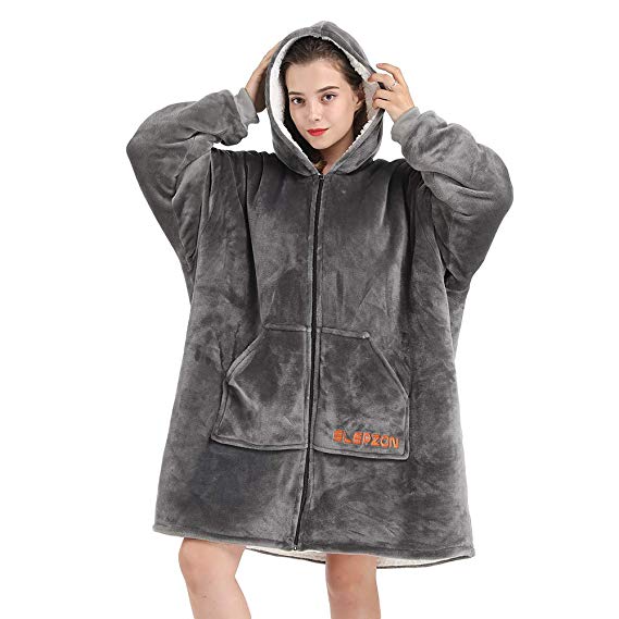 SLEPZON Blanket Sweatshirt, Over-Sized Hoodie Blanket, Deluxe Fleece Blanket with Sleeves and Pockets for Men, Women, Children, Front-Zipper Easy to Get in&Out of, Grey