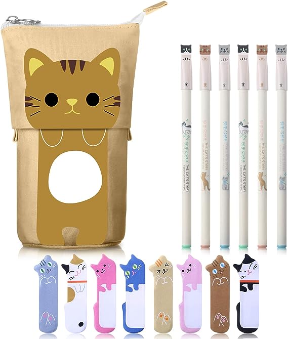 Zonon Cartoon Cute Kawaii Cat Stationery Pencil Set Canvas Cat Telescopic Pouch Bag 6 Colorful Cats Design 0.38 mm Black Gel Ink Pens 240 Cat Notes Page Flags Index Tabs (Cartoon Cat Style)