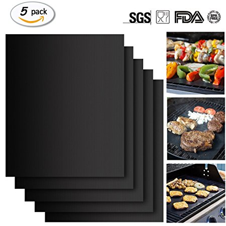 BBQ Grill Mats-100% Non-Stick,FDA Approved, Reusable and Easy to Clean, PTFE Coating Baking Mats for Gas Charcoal Electric Grill - 16" x 13", Black, Set of 5