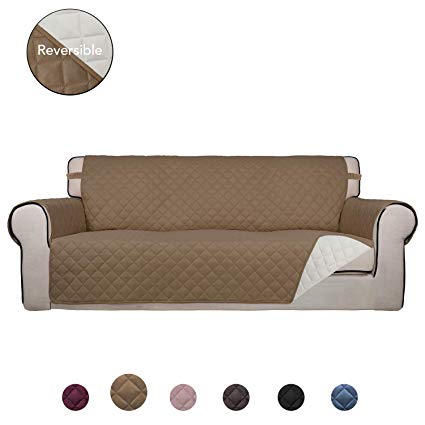 PureFit Reversible Quilted Sofa Cover, Water Resistant Slipcover Furniture Protector, Washable Couch Cover with Non Slip Foam and Elastic Straps for Kids, Dogs, Pets (Sofa, Camel/Ivory)