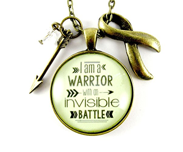 I am a Warrior with an Invisible Battle Pendant, Hipster Inspired Bronze Necklace 1.20" Circle Glass Jewelry Arrow, Ribbon Charm Option, Custom Chain