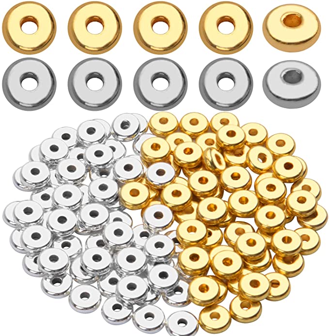 200pcs 8mm Flat Round Rondelle Spacer Beads Disc Spacers Loose Beads Jewelry Metal Spacers for DIY Bracelet Necklace Crafts,Gold and Silver