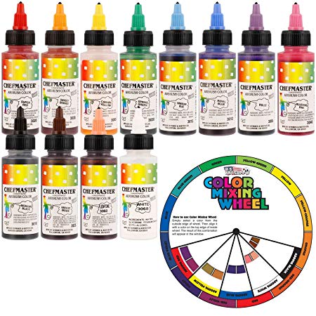 US Cake Supply by Chefmaster Airbrush Cake Color Set - The 12 Most Popular Colors in 2.0 fl. oz. Bottles with Color Mixing Wheel