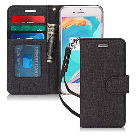 FYY Case for iPhone 6S Plus, [Kickstand Feature] Flip Folio Canvas Wallet Case with ID and Credit Card Pockets for Apple iPhone 6/6S Plus (5.5") Black