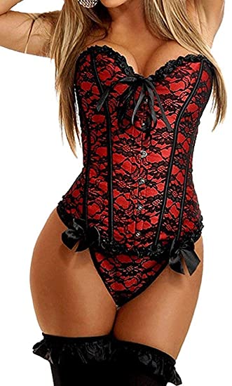 Pandolah Boned Lace up Back Sexy Corset for Women Lingerie Top Floral Bustier with G-String