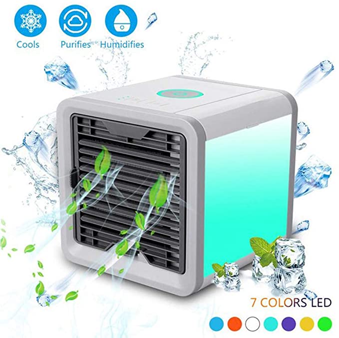 Air Cooler Personal Air Conditioner Cooler,3 in1 Mini Air Cooler Humidifier, Purifier, Desktop Cooling Fan with 3 Speeds and 7 Colors LED Night Light for Office, Dorm, Room, Outdoor (White)