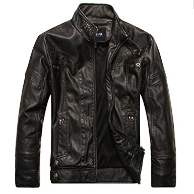 Zicac Men's Spring Summer Cool Zip Up Faux Leather Biker Thicken Jacket Rock Punk Jackets Cargo Pockets Slim Trucker Jacket Coat