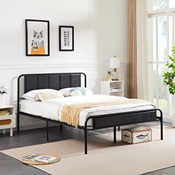 VECELO Queen Size Platform Bed Frame with Wood Headboard/Mattress Foundation/Premium Steel Slats Support/No Box Spring Needed,Black(Industrial)