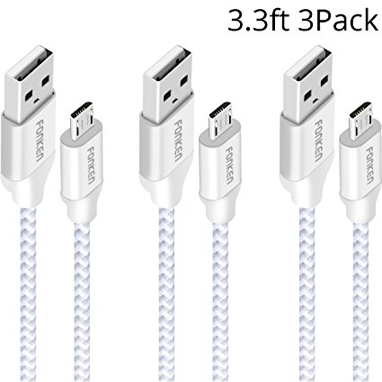 Fonken [3-Pack] Micro USB Cable 3.3FT Nylon Braided Quick Charge USB 2.0 Charging and Data Sync Cables(White)