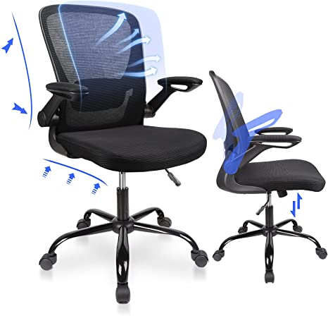 Komene Home Office Chair,Ergonomic Office Chair,Mesh Computer Chair with Flip up Armrests,Lumbar Support,Large Seat,Desk Chair with Wheels, 300lb Executive Chair,Middle backrest (Black)