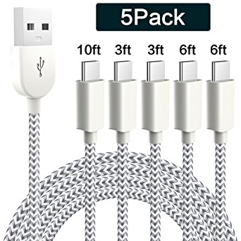 WSCSR [5 Pack] USB Type-C Cable High Speed nylon Braided Long Cord FOR Samsung Galaxy S8,S8 Plus,Nintendo Switch,Nexus 6p,Macbook And More (Silver and White)