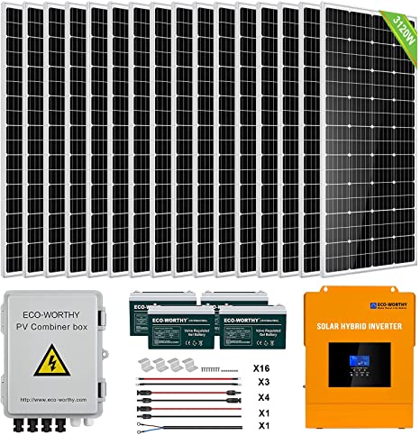 ECO-WORTHY 3120W 48V Solar Panel Kit Off Grid Solar Power System Kit with 16pcs 195W Solar Panel and 3500W 48V All-in-one Solar Charger Inverter and 4 String Combiner Box and 4pcs 100AH Battery…