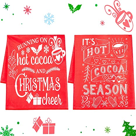 2 Pieces Christmas Kitchen Cocoa Towel Christmas Chalk Art Kitchen Towel Funny Christmas Cocoa Kitchen Towel Red Christmas Hot Cocoa Towel Red Art Christmas Kitchen Towel for Christmas Home Kitchen