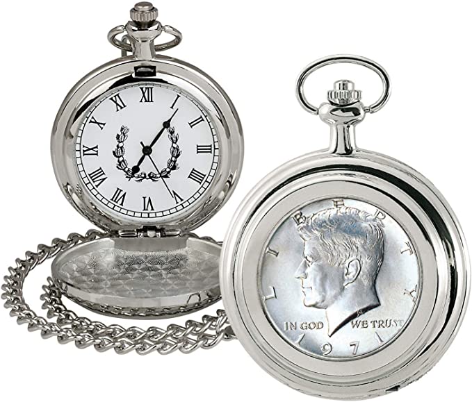 Coin Pocket Watch with Quartz Movement | JFK Half Dollar | Genuine U.S. Coin | Sweeping Second Hand, Roman Numerals | Silvertone Case | Certificate of Authenticity