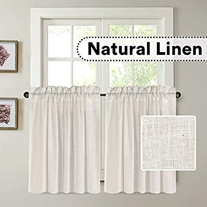 H.VERSAILTEX Natural Linen Kitchen Curtains 36 Inch Length Textured Flax Curtain Tiers for Bathroom/Kitchen Windows Rod Pocket Small Curtains for Kitchen (2 Panels, Natural)