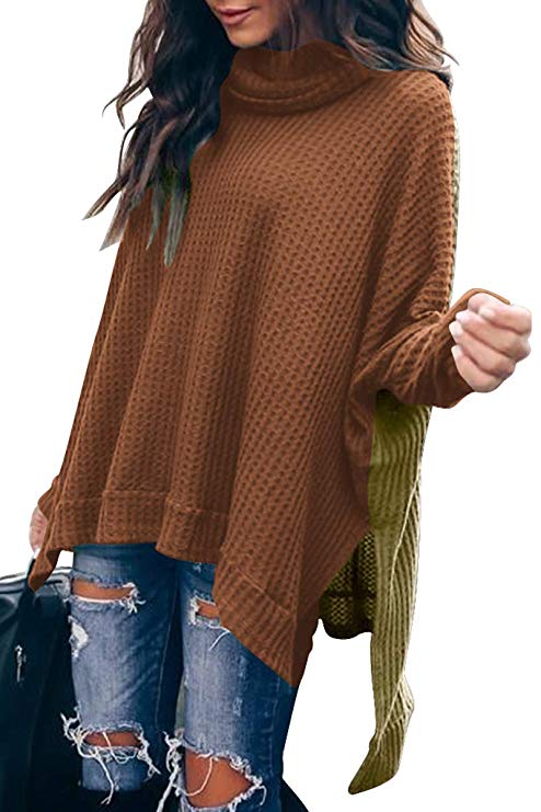 Caracilia Women Turtle Cowl Neck Long Batwing Sleeve Waffle Knit Pullover Sweaters Oversized Loose Fit High Low Tunic Tops