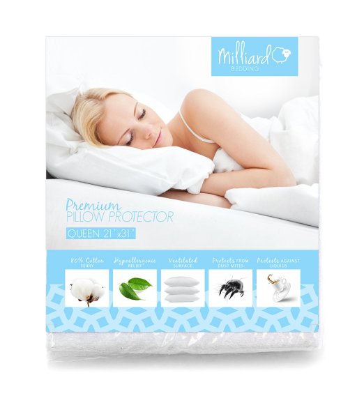 Milliard Premium Hypoallergenic 100-Percent Waterproof Dust Mites Proof 21-Inch by 31-Inch Pillow Protector, Queen