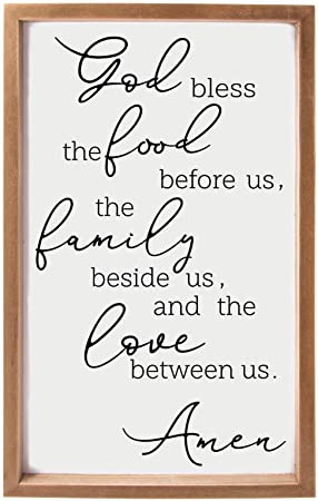 VILIGHT Framed Farmhouse Family Wall Decor for Dining Room and Kitchen - Rustic Wood Sign with Quotes Bless The Food Before Us - Vertical 16x9.5 Inches