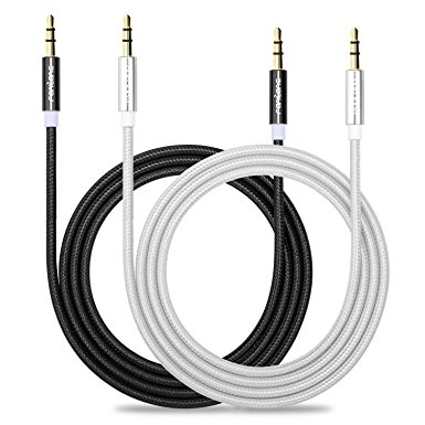 FANLANG Tangle-Free Male to Male 3.5mm Nylon Braided Auxiliary Audio Cable(3.3ft/1m,2-Pack)with Gold Plated Connectors for Apple,Android Smartphones,Tablet,Headphones and MP3 Players(Silver Black)