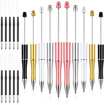 10 Pieces Plastic Beadable Pen Bead Ballpoint Pen Assorted Bead Pen Shaft Black Ink Rollerball Pen with Extra Refills for Kids Students Office School Supplies (Elegant Colors)