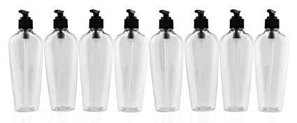 8-Ounce Clear Oval-Shaped Plastic Lotion Bottles w/Black Pump Dispensers (8-Pack); Empty Containers for Lotion, Liquid Soap, Baby Care, Hand Sanitizer & More