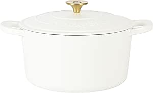 Crock Pot Artisan 6-Quart Round European Enameled Dutch Oven Pot With Lid - Matte Linen White w/Gold Knob