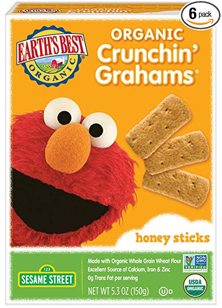 Earth's Best Organic Sesame Street Toddler Crunchin' Grahams, Honey Sticks, 5.3 oz. Box (Pack of 6)