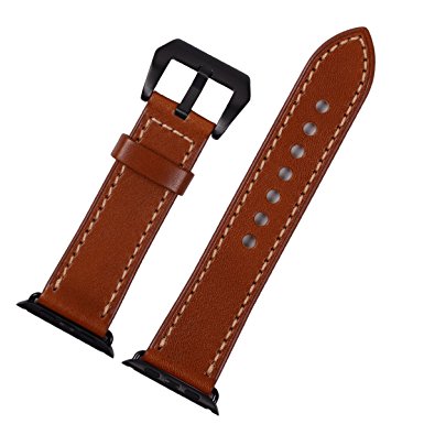 Apple Watch Band,Leather Watchband For Apple Watch Replacement i Watch Band Fit for Series I and 2(42mm Red Brown With Thread Black Adaptor)
