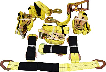 4 Yellow Axle Strap Tie Downs 24" Long and 4 Ratchet Tow Straps Car Haulers