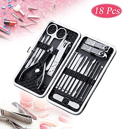 Nail Clippers Set, Tencoz Professional Manicure Set Pedicure Kit Stainless Steel Nail Scissors Travel & Grooming Kit Manicure Set Includes Cuticle Remover Tools with Leather Case 18 in 1 pcs (Black)