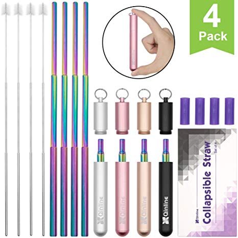 Reusable Telescopic Straws 4 PCS Rainbow 9.25” Foldable Metal Straw Collapsible Keychain Straw for Water Coffee Smoothie Stainless Steel Drinking Straw with Cleaning Brush& Gold/Silver/Black/Pink Case