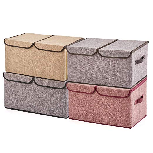 Large Storage Boxes [4-Pack] EZOWare Large Linen Fabric Foldable Storage Cubes Bin Box Containers with Lid and Handles for Home, Office, Nursery, Toys, Closet, Bedroom, Living Room - Assorted Color