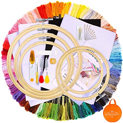 Pllieay Full Range of Embroidery Starter Kit Including Instructions, 100 Color Threads, 5 Pieces Bamboo Embroidery Hoops, 4 Pieces Aida Cloth, 1 Circular Package Bag and Cross Stitch Tools for Sewing