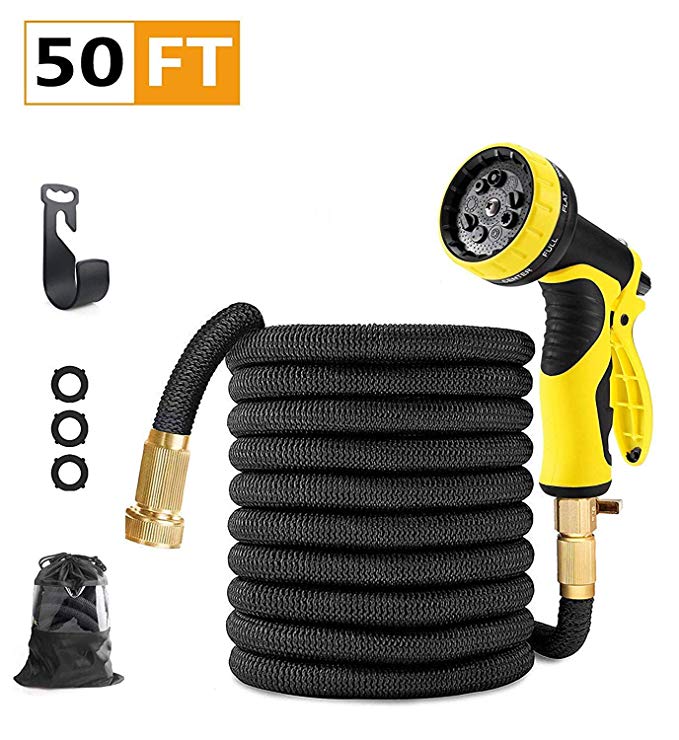 SHAODENG 50 feet Garden Hose Upgraded Expandable Hose, Durable Flexible Water Hose, 9 Function Spray Hose Nozzle, 3/4" Solid Brass Connectors, Extra Strength Fabric, Lightweight Expanding Hose