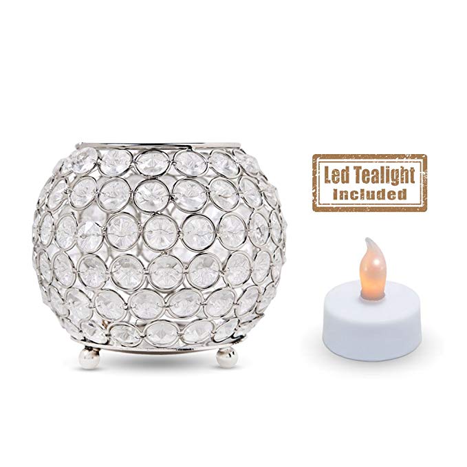Acrylic Crystal Beaded Tealight Candle Holder With Flameless Battery Operated Tea Light Included - Round Silver Metal Candle Holder Set For Party Table Decoration Or Home Decor (5.91" x 5.91" x 4.33")