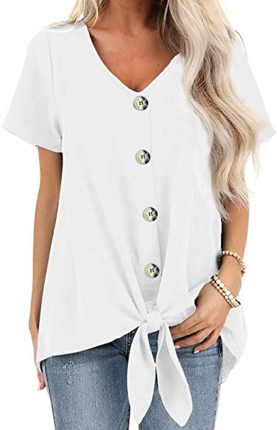 Dokotoo Womens Button Down Front Tie Short Sleeve V Neck Blouses Tops (S-2XL)