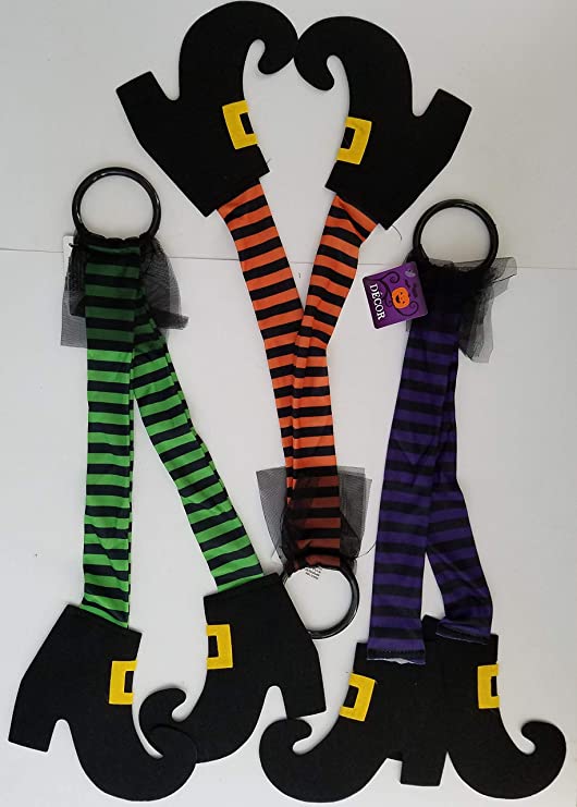 Halloween Dangling Witch Leg Decorations 22”Hx15”W, Green, Orange & Purple Striped Stockings 3/Pk