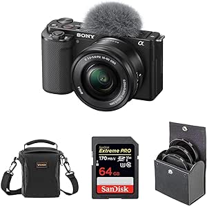 Sony ZV-E10 APS-C Mirrorless Interchangeable Lens Vlogging Camera with 16-50mm Lens, Black - Bundle with 64GB SD Card, Shoulder Bag, 40.5mm Filter Kit