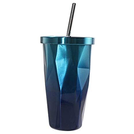 Stainless Steel Tumbler with Straw - Wim Hot and Cold Double Wall Drinking Cups Coffee Mugs 16oz Irregular Diamond with Lid (Blue)