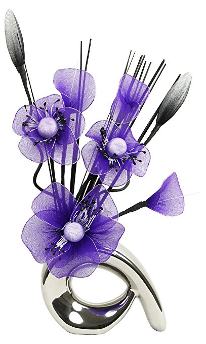 Flourish 793241 QH1 Silver Vase with Purple Nylon Artificial Flowers in Vase, Fake Flowers, Ornaments, Small Gift, Home Accessories, 32cm